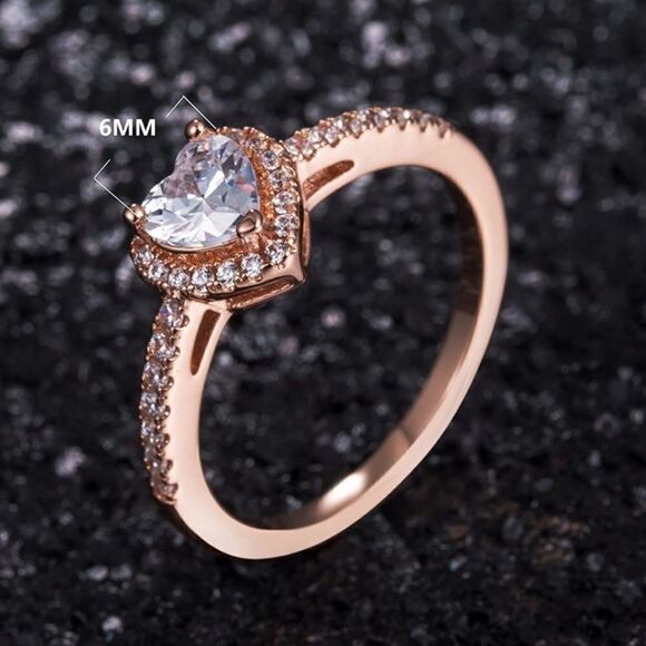 18K Rose Gold and White Diamond Cubic Zirconia Halo Heart Engagement Ring - Picture 2 of 6
